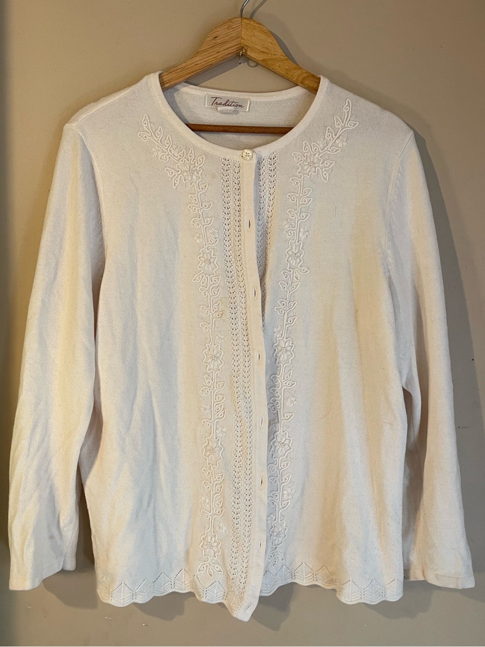 Vintage Tradition Off White Embroidered Beaded Pointelle Button Cardigan